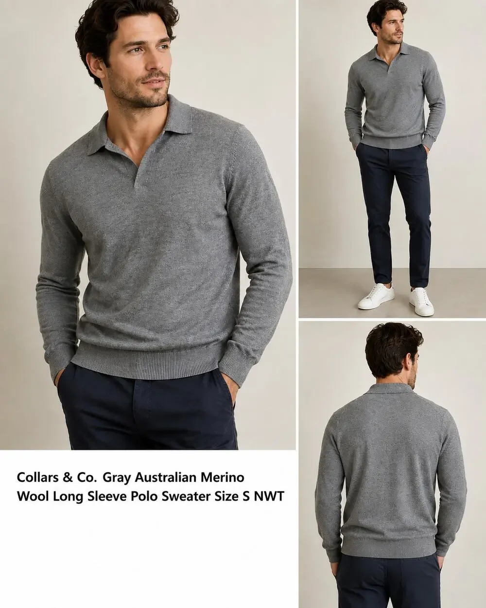 Collars & Co Merino Wool Polo Sweater Men’s S Gray Long Sleeve NWT $118